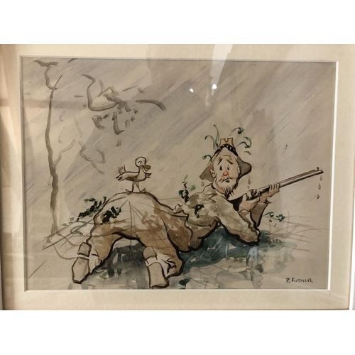 117 - Ray Furness - Four hunting themed caricatures, each signed lower right, watercolour and pencil on pa... 