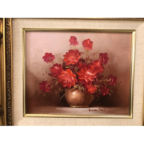 128 - SIX FRAMED WORKS: including Susan Page - two floral still life paintings, oil on canvas board, signe... 