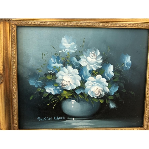 128 - SIX FRAMED WORKS: including Susan Page - two floral still life paintings, oil on canvas board, signe... 