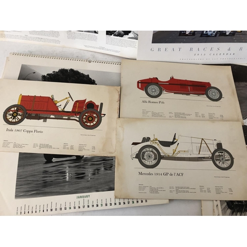 134 - A collection of Motorsport calendars together with prints to include - Three racing car profile prin... 