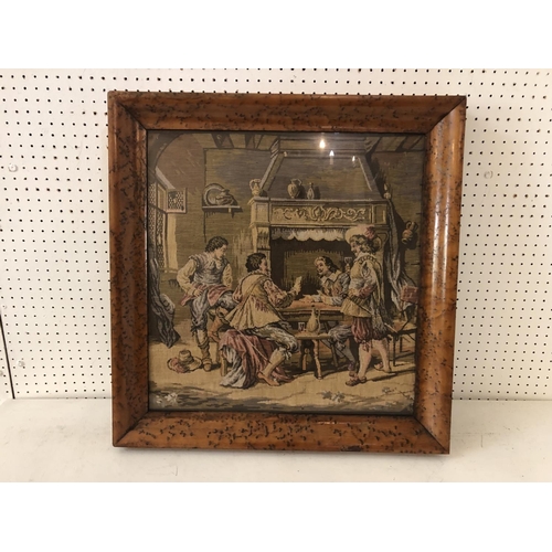 145 - Birdseye maple veneer framed continental tapestry of musketeers in a tavern, 58 x 60 cm (including f... 