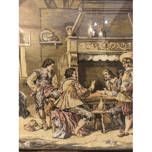 145 - Birdseye maple veneer framed continental tapestry of musketeers in a tavern, 58 x 60 cm (including f... 