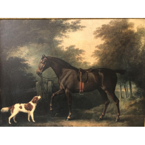 15 - After George Stubbs (1724-1806) - Bay Horse with dog, framed print on canvas with craquelure finish,... 