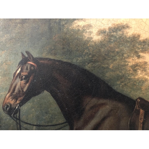 15 - After George Stubbs (1724-1806) - Bay Horse with dog, framed print on canvas with craquelure finish,... 