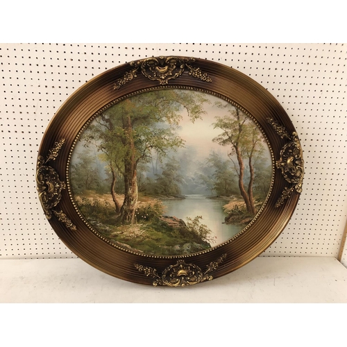 155 - 20th Century Woodland Scene, oil on canvas board, unsigned, 50 x 60 cm, in oval gilt frame