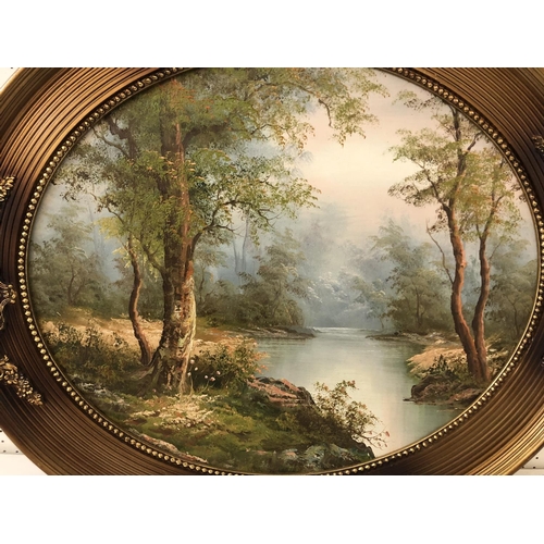 155 - 20th Century Woodland Scene, oil on canvas board, unsigned, 50 x 60 cm, in oval gilt frame