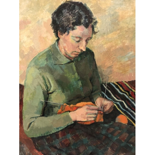 19 - ELIZABETH L. POWELL (20th century) - 'Woman Knitting', oil on canvas, initialled lower left with art... 