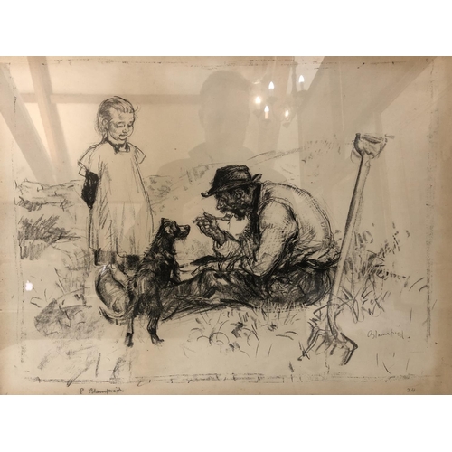 23 - EDMUND BLAMPIED (1886-1966) - 'Girl Watching the Gardener Eating his Lunch', lithograph, signed and ... 