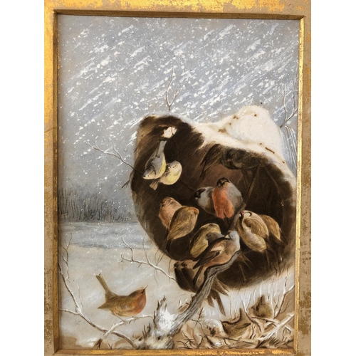 46 - Harry Bright (1846-1895) - Birds Taking Shelter in the Snow, 1876, watercolour and white bodycolour,... 