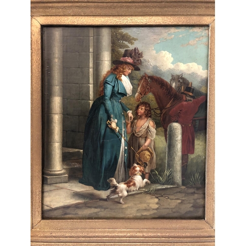 52 - 19th Century School - Lady Giving Money to Young Girl, unsigned, oil on canvas, 37 x 31 cm, gilt bev... 