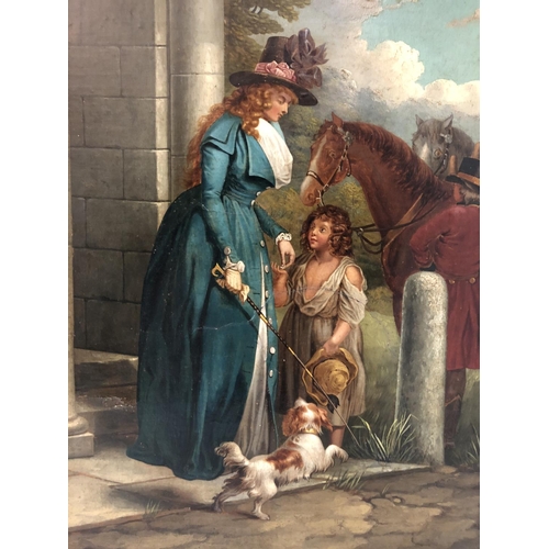 52 - 19th Century School - Lady Giving Money to Young Girl, unsigned, oil on canvas, 37 x 31 cm, gilt bev... 