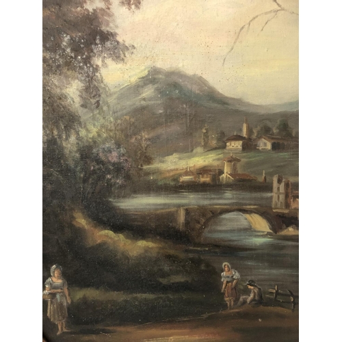 57 - 19th Century School - Oval framed landscape scene, oil on canvas board, unsigned, 82 x 52 cm