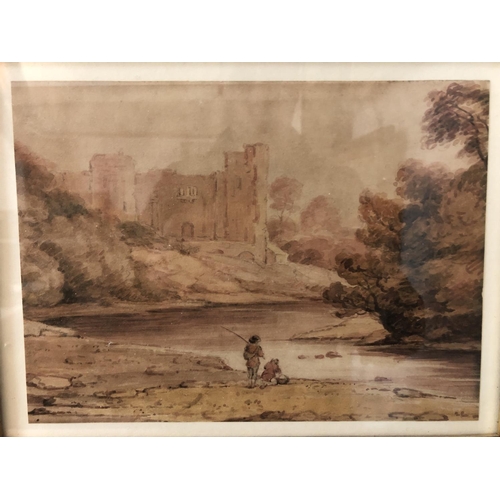 60 - SEVEN FRAMED PRINTS AND PAINTINGS: 19th Century Watercolour - men fishing, unsigned; W. R. Chapman -... 