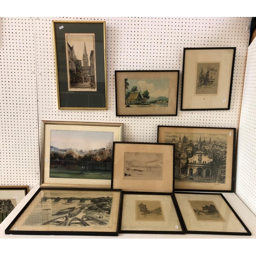 73 - NINE FRAMED WORKS: R. Davies - Coastal Scene, drypoint etching, signed in pencil lower right; G. Mal... 