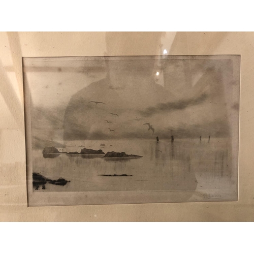 73 - NINE FRAMED WORKS: R. Davies - Coastal Scene, drypoint etching, signed in pencil lower right; G. Mal... 