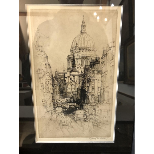 96 - SEVEN FRAMED WORKS (local interest): Sydney Robert Jones (1881-1966) - 'Fleet Street/St. Pauls', etc... 