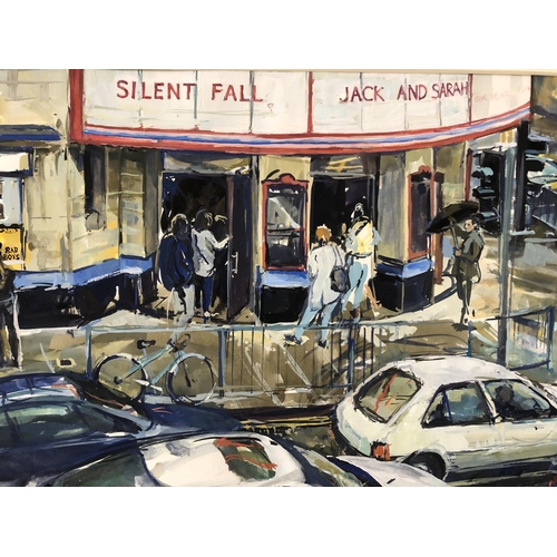 99 - 1990s Cinema Street Scene, gouache on paper, initialled 'SM' and dated 1999 lower right, 25 x 35 cm ... 