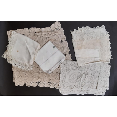 1638 - Small boxful of vintage table linen including good quality white cloths with embroidery, lace croche... 