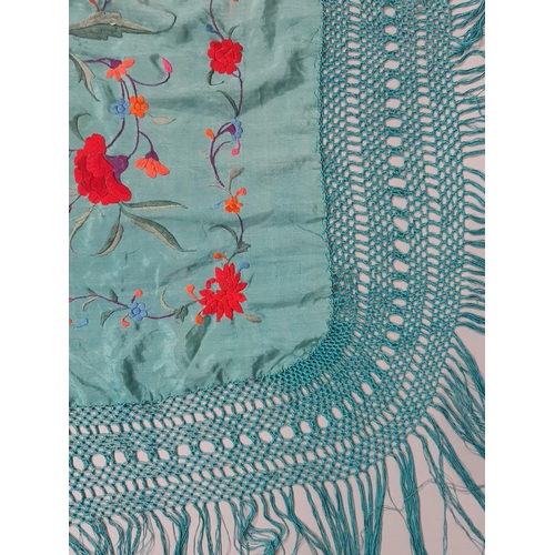 1628 - Ladies silk 'piano' shawl circa 1930's in sea green ground with teal fringe and large red/pink embro... 