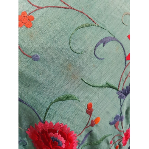 1628 - Ladies silk 'piano' shawl circa 1930's in sea green ground with teal fringe and large red/pink embro... 