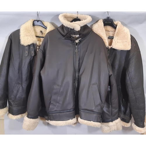 1630 - 3 men's airman style jackets in brown leather, all with sheepskin lining