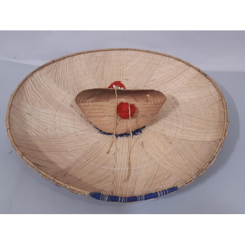 1642 - Oriental/ rice hat from Sarawak with beadwork decoration, 55cm diameter