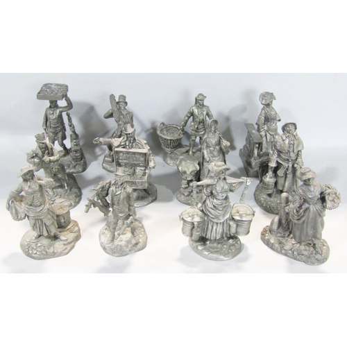 1496 - A silver plated scalloped shaped tray, twelve pewter figures of Victorian Street Criers, a pair of m... 