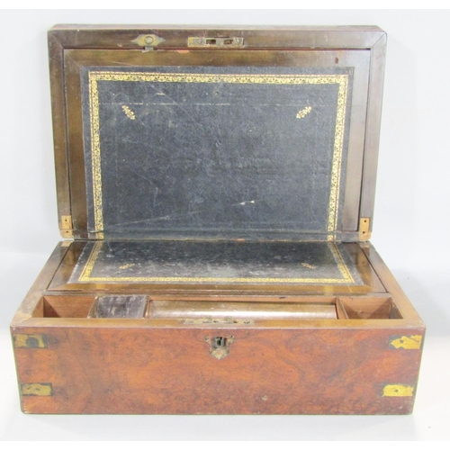 1498 - A 19th century burr walnut writing box, a desk top letter opener and magnifying glass on a stand, an... 