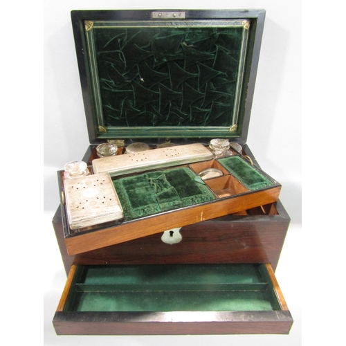 1500 - A 19th century walnut writing slope and a 19th century rosewood travelling vanity box, a brass carri... 