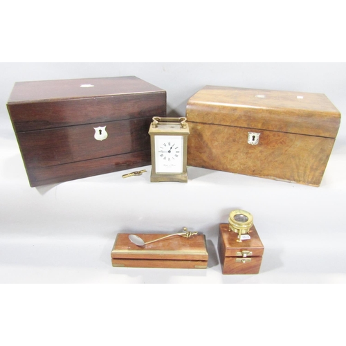 1500 - A 19th century walnut writing slope and a 19th century rosewood travelling vanity box, a brass carri... 