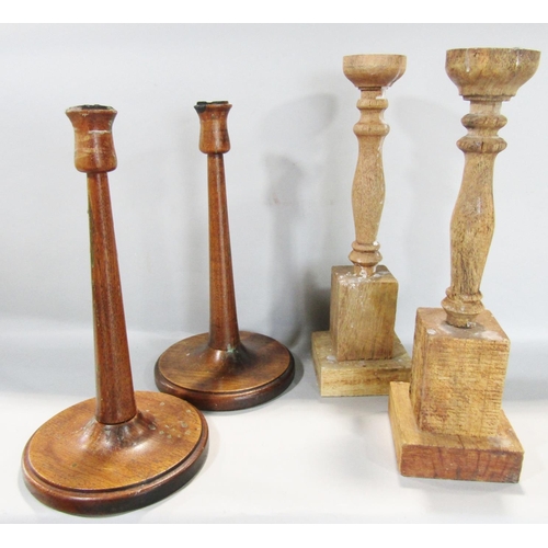 1503 - A collection of miscellaneous items including two pairs of wooden candlesticks, a pair of wooden sho... 