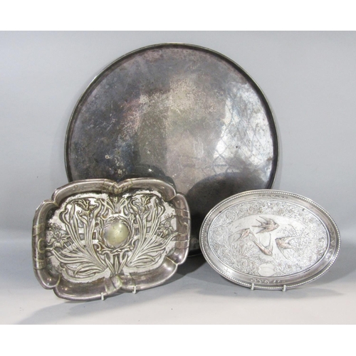 1517 - A stainless steel drinks tray together with a smaller Art Nouveau style tray, three framed embroider... 