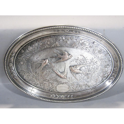 1517 - A stainless steel drinks tray together with a smaller Art Nouveau style tray, three framed embroider... 