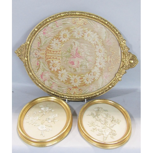 1517 - A stainless steel drinks tray together with a smaller Art Nouveau style tray, three framed embroider... 