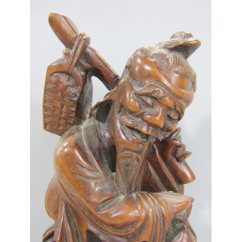 1518 - Two Chinese hardwood carved figures of wise old men together with three stone effect dogs of Fo (5)