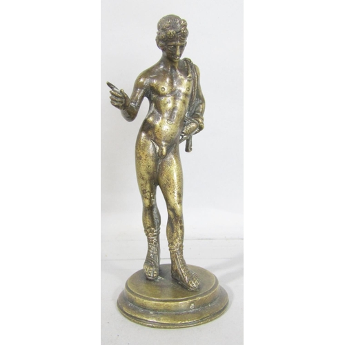 1520 - Three Grand Tour bronzes, The Faun of Pompeii, 15cm, Pan playing pipes, 13cm and Narcissus, 11cm.