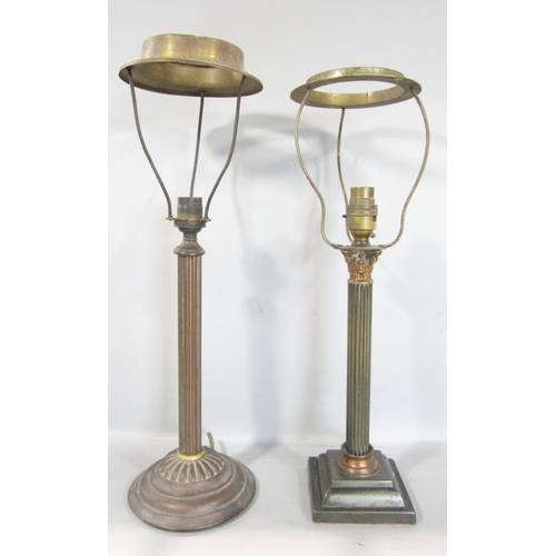 1532 - A pair of brass Corinthian column table lamps, both with shade supports, 33cm column height, and a f... 