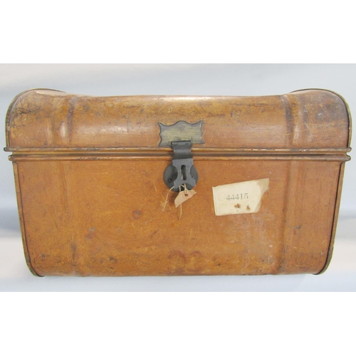 1455 - A vintage tin car trunk containing a coffee grinder, a table top meat mincer, a vintage mahogany sol... 