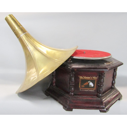 1457 - An unusual octagonal HMV wind up gramophone with detachable brass horn.