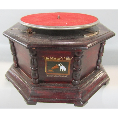 1457 - An unusual octagonal HMV wind up gramophone with detachable brass horn.