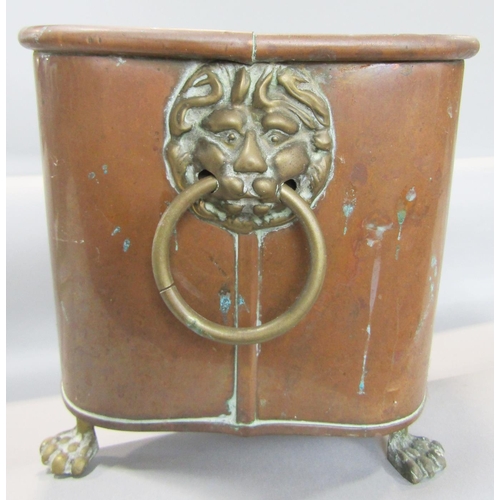 1460 - A 19th century copper oblong window planter with lion mask rings on paw feet 46cm wide, and an oval ... 