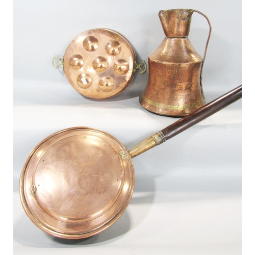 1462 - A 19th century copper milk jug with a hammered finish, a copper French escargot pan, and a copper be... 