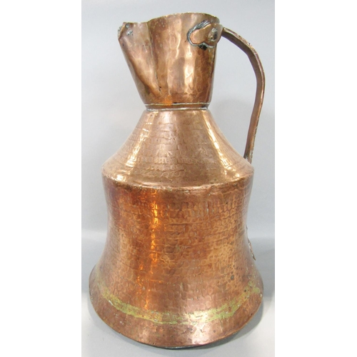 1462 - A 19th century copper milk jug with a hammered finish, a copper French escargot pan, and a copper be... 