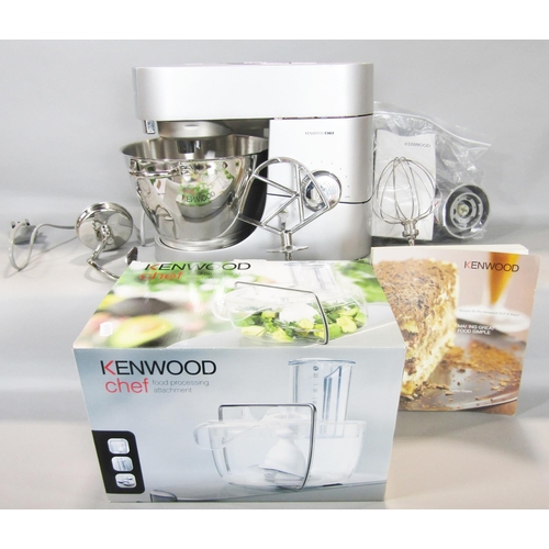 1464 - A Kenwood Chef food mixer and the Kenwood Chef food processor attachment, an assortment of blades, w... 