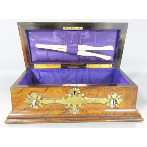 1472 - A Victorian burr walnut glove box, with Gothic brass mounts inset with tiger’s eye semi precious sto... 