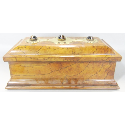 1472 - A Victorian burr walnut glove box, with Gothic brass mounts inset with tiger’s eye semi precious sto... 