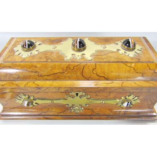 1472 - A Victorian burr walnut glove box, with Gothic brass mounts inset with tiger’s eye semi precious sto... 