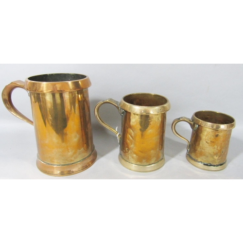 1476 - Three 19th century graduated brass tankards , a Quart, a Pint and a Half Pint.