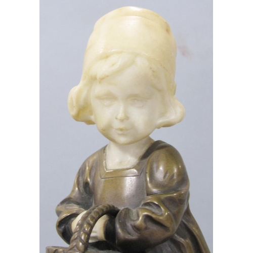 1477 - A small bronze and marble statue of a little girl holding a basket, raised on a hexagonal marble bas... 