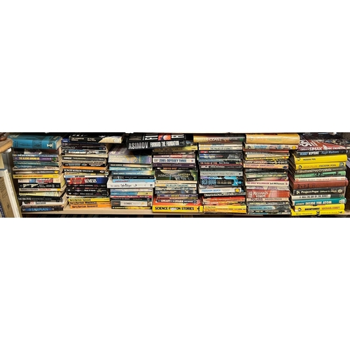 174 - Approx 200 science fiction paper backs and hardbacks, including works by Harrison, Arthur C Clarke, ... 